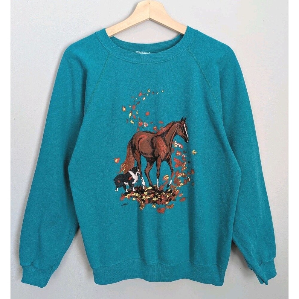 Vintage 80s 90s Sweatshirt Horse Collie Dog Crewneck Hanes 50/50 USA Raglan Blue